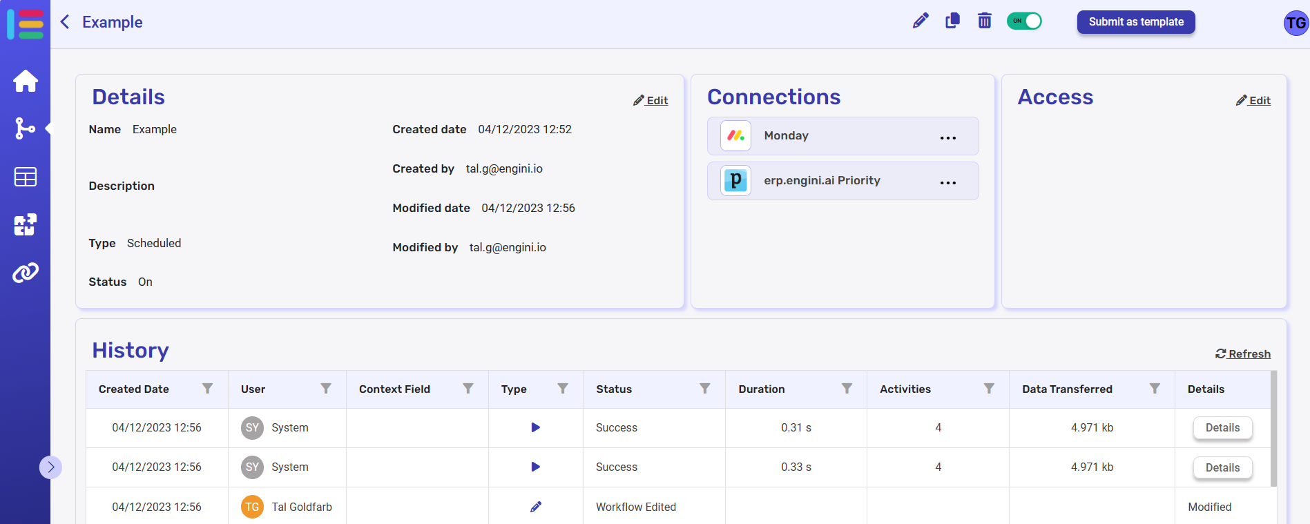 Workflow details Engini.io